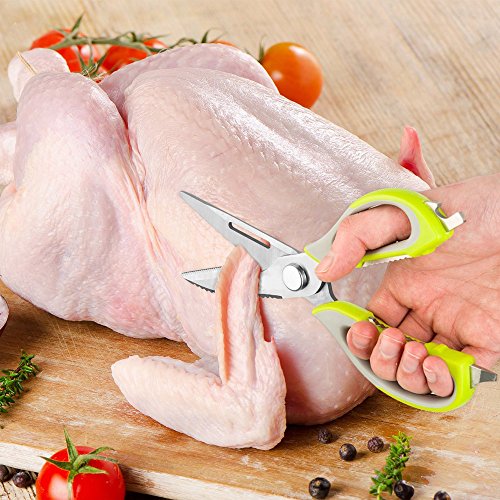 Multifunktions-Küchenschere Edelstahl 7 in 1 | Knochen und Fleisch Schneiden, Obst und Gemüse schälen Fischentschuppen Flaschenöffner Nussknacker ergonomischen weichen rutschfesten Griff leicht zerlegbar und zu reinigen - 4