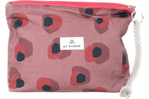 MY WANDER Neceser Mujer de Tela para Maquillaje y Viajes - Bolsa de Aseo Plegable con Forro Impermeable - Bolso de Mano con Cremallera Fluor y Cordón - 20x28x6cm - Fabricado en España