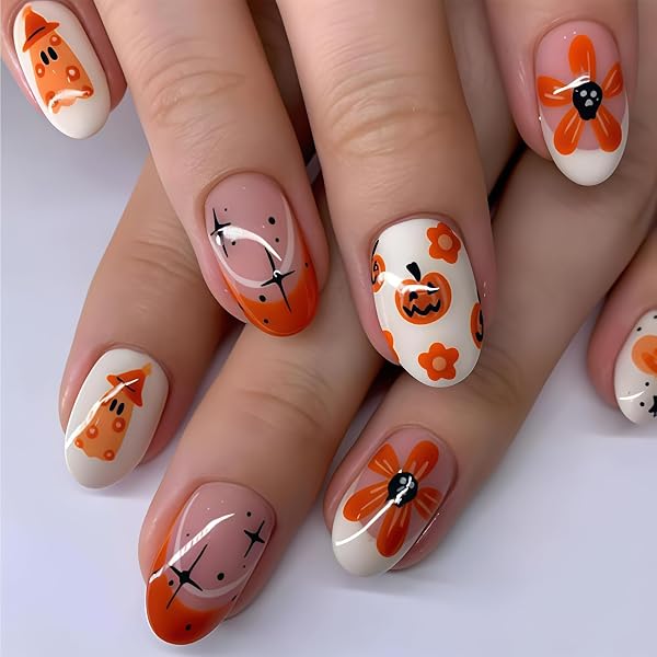 72 Stück Halloween-Kunstnägel Zum Aufkleben – Kurze Press On Nails Mit Kürbis & Geister-Motiven (Rosa & Schwarz)