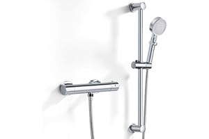 Coleniny Thermostatic Shower Mixer Kit, Wall Mounted Thermostatic Shower Valve with Stainless Steel Adjustable Riser Kit, 5 Modes Shower Head, Hose 1.5m, 38°C Safety Lock, Chrome Shower Set
