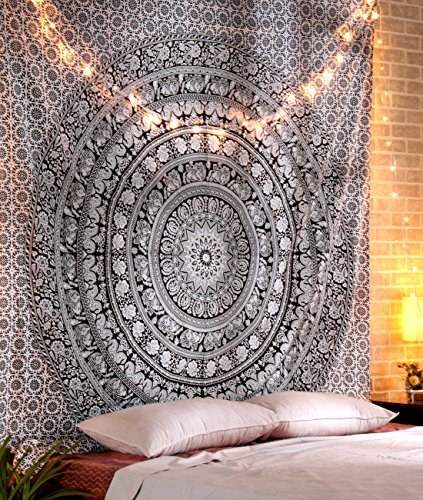Indisch Mandala Tapetsry Wandbehang Schwarz Weiß Boho Groß Baumwolle Wandteppich White Hippie Tapisserie Elephant Von Rajrang