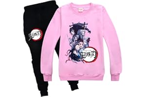 Yumenam Unisexe Demon Slayer Filles et Garçons Casual Survêtement Sweat et Pantalonx Ensemble Tanjirou Nezuko Imprimé Col Rond Pull Tops et Pants Sets Vêtements pour Enfants