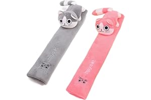 KORSAOT 2 Pièces Protege Ceinture Voiture Enfant, Cute Poupée de Chat Protection Ceinture Voiture Enfant Poupée de Chat, Protection Ceinture de Sécurité (Rose, Gris)