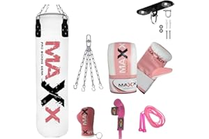 MAXX PRO BOXING GEAR Maxx Pink Boxing Punchbag 4ft or 5ft Heavy Filled Punch Bag for Women With Chain Gloves Hand Maxx Training punching.ladies Fitness, for a Girl
