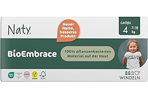 ‎NATY Naty BioEmbrace Baby Windeln Größe 4 (7–18 kg) | 100% pflanzenbasierte Materialien auf der Haut | Atmungsaktive Weichheit, dermatologisch getestet, exzellente Saugkraft | 88 Stück