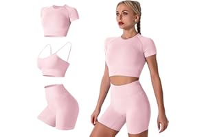 IDOPIP Women's Yoga Workout Outfits 3 Piece Sets Seamless High Waist Running Shorts with Padded Sport Bra and Shorts Sleeve Crop Tops Gym Clothes Tracksuit Sportswear