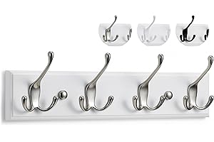 LARHN Appendiabiti da Parete Bianco – 4 Ganci Tripli – 42 cm – Attaccapanni da Muro Moderno in Legno per Ingresso, Cameretta e Bagno