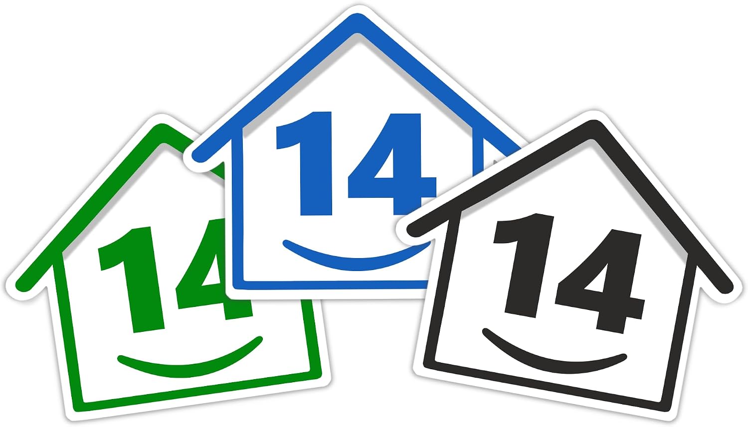 3 x Bin Numbers for Wheelie Bins, 1-99, 15cm ‘Happy House’ Colour Design Dustbin Stickers, Easy Application Stick On Number Stickers - Weatherproof Self Adhesive Vinyl – Blue, Black and Green (14)