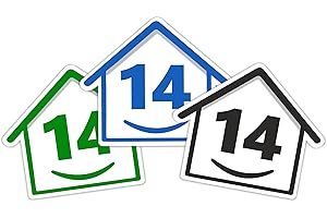 RUBIGO 3 x Bin Numbers for Wheelie Bins, 1-99, 15cm ‘Happy House’ Colour Design Dustbin Stickers, Easy Application Stick On Number Stickers - Weatherproof Self Adhesive Vinyl – Blue, Black and Green (14)