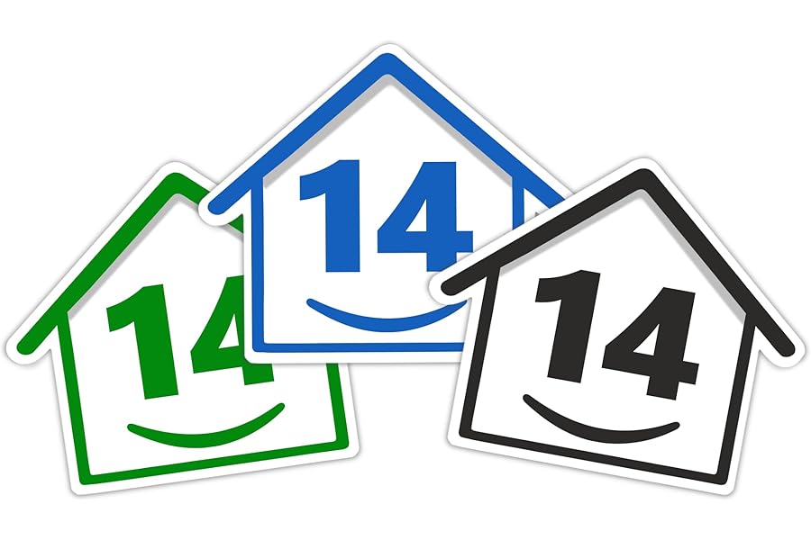 3 x Bin Numbers for Wheelie Bins, 1-99, 15cm ‘Happy House’ Colour Design Dustbin Stickers, Easy Application Stick On Number Stickers - Weatherproof Self Adhesive Vinyl – Blue, Black and Green (14)