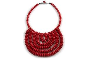 Avalaya Statement Cherry Red Wood Bead Bib Necklace - 44cm Long/ 10cm Drop