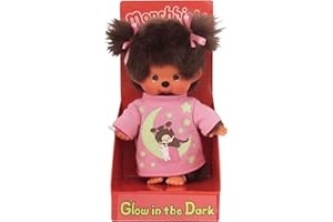 Sekiguchi 223732 - Original Monchhichi Mädchen, Plüschfigur mit rosa Schlafshirt, Glow in the Dark Elementen und Zöpfen mit Schleifen, ca. 20 cm großes Kuscheltier aus braunem Plüsch
