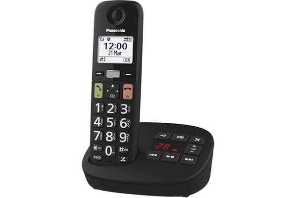 Panasonic KX-TGU130EXB Téléphone Numérique sans Fil avec Répondeur, Unité de Base et 1 Combiné, Écran LCD, Grosses Touches, Appel Favori, Compatible avec Les Appareils Auditifs, Noir