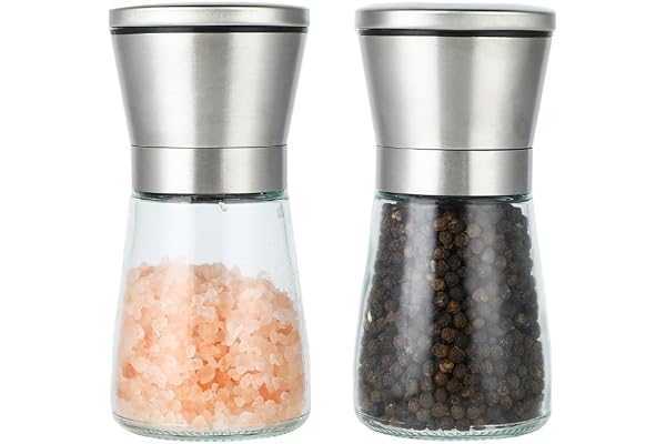 Wenrescry Set med 2 pepparkvarnar och salt i rostfritt stål, med justerbar keramisk kvarn för fin eller grovkorn, klart glas, perfekt för kryddor, 180 ml
