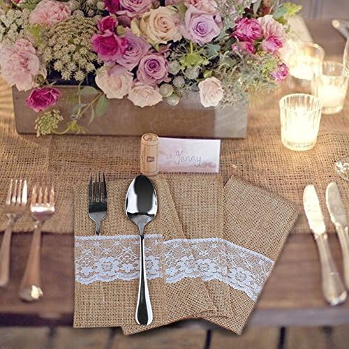 IBuyi 10 X Shabby Chic Jute Hessian Burlap Lace Cutlery Holder Pouch Tableware, Fork & Knife Packaging Pocket Wedding Decor Favors Vintage Rustic 21x11cm (A: Lace)