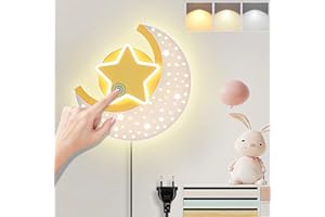 KZT Applique Murale Intérieure avec Interrupteur Tactile 12W Lampe Murale Dimmable LED Lampe de Chevet Enfant avec Prise Lune Veilleuse Enfant Garçons Filles pour Chambre de Bébé Salon Lumière de Lecture