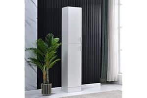 QIHANG-UK Narrow Floor Standing Cupboard Organizer, High Gloss Wood Slim Storage Unit with 2 Doors 4 Shelves, Tallboy Corner Shelving Cabinet for Living Room Bedroom Bathroom Office, White