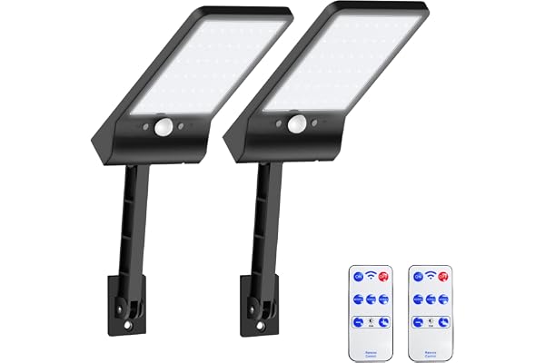 Moman Lampe Solaire Exterieur, Lot de 2 Lumiere Solaire avec Détecteur de Mouvement 3 Modes Réglables IP65 Étanche avec Télécommande pour Garage Cour, Lampe-Solaire-Exterieur-Eclairage-Projecteur