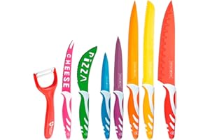 RevolutionLine - Juego de 7 cuchillos revestidos con cerámica y pelador cerámico | Cuchillos con mangos ergonómicos antideslizantes | Aptos para lavavajillas | Lámina de acero inoxidable esmaltado