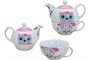 G. WURM Set da tè con motivo "gufi" per una persona, rosa | Teiera e tazza da the | Servizio da tè in porcellana rosa in confezione regalo | Tazza e teiera Henkel dal design accattivante per i bevitori di tè | Set da tè per una persona