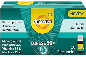 Supradyn Difese 50+ Integratore Multivitaminico con Vitamina B12, Zinco, Vitamina B3 (Niacina) e Probiotici per le Difese Immunitarie Adulti 50+, 10 Flaconcini Gusto Caramello
