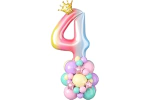 DOMGOGE Rainbow Number 4 Balloon 40 Inch Gradient Number 4 Foil Balloons Giant Digital Four Balloon Tower Stand with Crown Large Big Balloons Stack for Girls Women 4th Birthday Anniversary Party Decorations