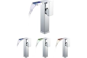 Wasserhahn Bad LED(keine Batterie erforderlich), KEOKBON Hoch Wasserfall Waschtischarmatur Armaturen mit Auslaufhöhe von 226 MM High, Einhebelmischer Mischbatterie für Waschbecken im Bad, Chrom