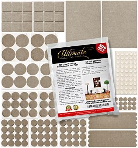 Furniture Felt Pads, Huge 206 Piece Pack 9 Sizes, Premium Heavy Duty Self Stick On Floor Protection Pads and Silicone Rubber Buffer Bumpers.