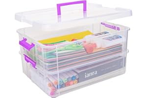 Creahaus 2 Layer Plastic Storage Containers with Lids, Multipurpose Clear Stack & Carry Box, Portable Craft Organizers and Storage Bin for Organizing Art Craft, Sewing, Building Blocks, Nail Supplies
