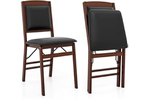 COSTWAY Padded Folding Chair Set of 2/4, Rubber Wood Counter Dining Chairs with PVC Leather Seat & Backrest, Upholstered Kitchen Office Conference Seats, 180kg Capacity (Padded Back, Brown+Black, 2)