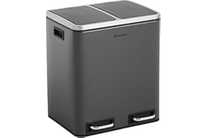 Homra Mülleimer 30l Blinq | Tretmülleimer Küche 2x15 Liter | Treteimer aus Edelstahl | Abfalleimer mit Inneneimern | Trennsystem 2 Fach | Mülltrennsystem | Papierkorb | Softclose | Grau