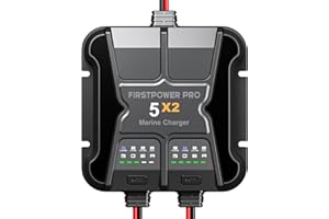 FIRSTPOWER PRO 2 Bank - Caricabatterie marino 5 x 2, 10 A (5 A/Bank), caricabatterie a bordo impermeabile da 12 V, mantenitore e desolfatore per SLA/AGM, litio (LiFePO4), calcio e batteria a ciclo profondo, carica