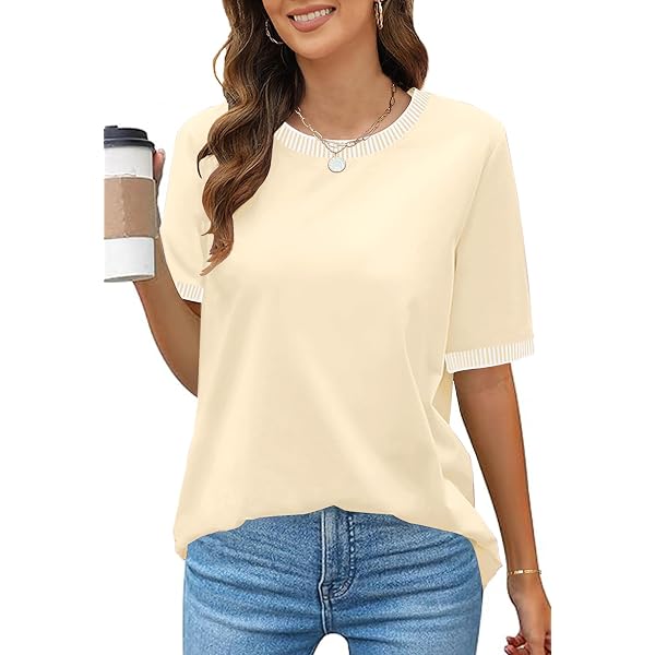 GEHENG Women's V-Neck Elbow Sleeve T-Shirt – Loose Fit Casual Top In Summer Colors – Trendy 2024 Blouse Tee - View #5
