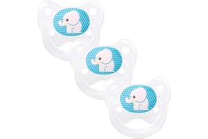Dentistar Silikonowy smoczek w 3-częściowym zestawie – rozmiar 1 0 – 6 miesięcy – przyjazny dla zębów i szczęki silikonowy smoczek z poziomem Dental – biały z motywem słonia – nie zawiera BPA – Made in Germany