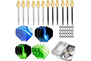 Ohaoduo 12 szt. grotów do darta ze stali nierdzewnej, czarne, srebrne, złote, stal 2BA, stalowe końcówki + 12 szt. rzutek do darta i gumowy pierścień w aluminiowym pudełku (12 szt. jintou)