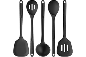 U-Taste Utensili da cucina in silicone extra lunghi: Accessori da cucina per uso alimentare resistenti al calore 315℃, Spatole, cucchiai da cucina e mestolo in silicone antiaderente (5 Pz, Nero)