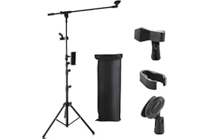 YOUNTHYE Microphone Stand, 67-167cm Adjustable Height and Angle, Heavy Duty Floor Mic Stand with Tripod Base, Mic Clips, Cable Clamp, Phone or iPad Clamp, Carrying Bag