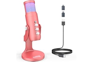 zealsound Microfono da gioco RGB,USB Microfono condensatore per *Phone PC PS 4&5,Mute,Cancellazione del rumore,Eco, Guadagno,Microfono da tavolo per registrazione,streaming, podcasting,YouTuber,rosa