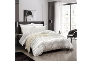 LUOFANFEI Juego de funda nórdica de 240 x 260 cm, color blanco, beige y satén liso, juego de cama con cremallera y 2 x 65 x 65 cm, fundas de almohada