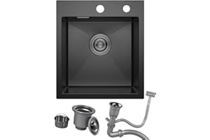 Bokaiya Black Kitchen Sink, 40 x 45 cm Small Caravan Sink, Drop in Topmount Stainless Steel, Deep Outdoor Single Bowl with 2 Tap Holes, Overflow and Drainer Fittings, for Small Kitchen, Bar