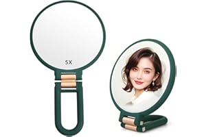 Stianiiie 1X 5X Handheld Mirror with Handle for Travel， Magnifying, Rotation Adjustable Handle, Double Sided Folding, for Women for Eyes Makeup Travel Table Desk Shaving