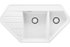 Evier d'angle en Granit Blanc, 90 x 50 cm, Lavabo Cuisine 1,5 bac + Siphon Classique, Évier à Encastrer de Primagran