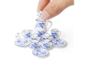 Odoria 1/12 Miniatura 15PZ Conjunto de Tazas de Té Porcelana con Chintz Azul Cocina Accesorio para Casa de Muñecas