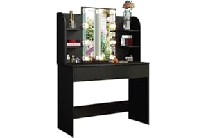 BESTWANTED Dressing Table,Modern Makeup Table with LED Lights,Mirror,2 Drawers,6 Open Shelves,Makeup Desk Vanity Table for Girls (Black)