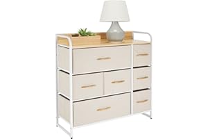 mDesign Cómoda para Dormitorio con 7 cajones – Mueble con cajones Ancho para el salón, la habitación o el Pasillo – Cajonera de Metal, MDF y Tela para Guardar Ropa – Crema y Blanco