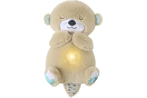 Homemari Schlummer Otter Kuscheltier mit Atembewegung Musik Licht, Schlummerotter Spieluhr aus Plüsch, Plüschtier Einschlafhilfe für Babys, Baby Neugeborenen Geschenk Khakia