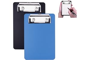 AZWOOD Mini portapapeles de plástico, 10 x 15 cm, portapapeles pequeños con mecanismo de sujeción y ojal colgante para bloc de notas, recibos, listas de bolsillos (negro, azul)