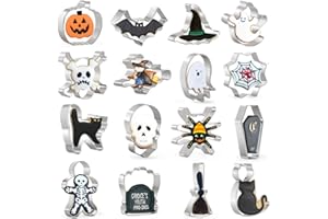 KEEPATY Halloween Cookie Cutters Set,16 Shapes Biscuit Cutters Halloween - Ghost, Bat, Pumpkin, Cat, Witch, Spider, Skull, Gingerbread Man, Etc. for Baking Stainless Steel