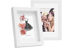 PHOTOLINI 3D cornici 13x18 cm bianco, cornice profonda con vetro e passe-partout, set di 2 cornici per oggetti fino a 1,5 cm di profondità, legno MDF - perfetta per il fai da te e come regalo