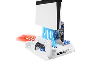 PALPOW Support de Refroidissement Compatible avec PS5 Pro/Slim/PlayStation 5 Disque/Digital, Station de Refroidissement Verticale avec Chargeur de Manettes, Ventilateur à 3 Niveaux avec Éclairage LED, Blanc